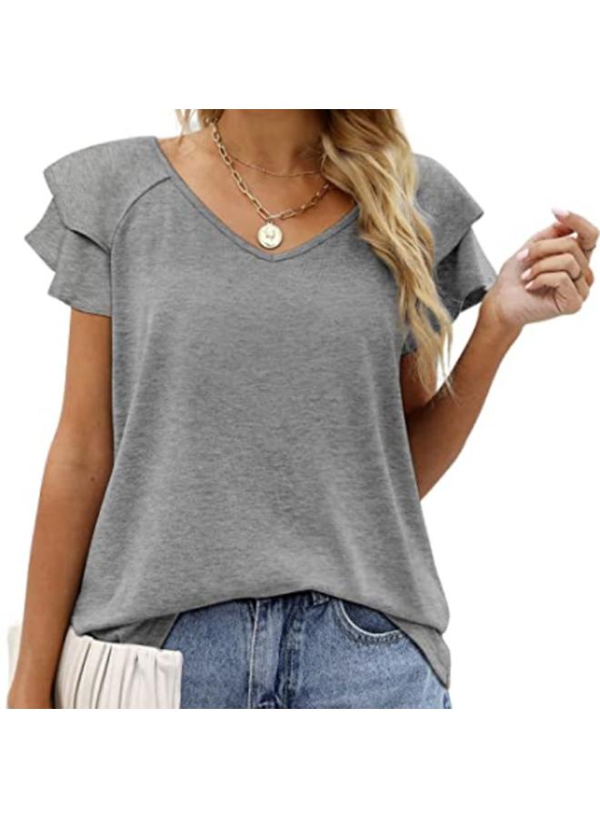 Song Feng Ya New European And American Women's Top V-neck Double-layer Lotus Leaf Short-sleeved Women's T-shirt 