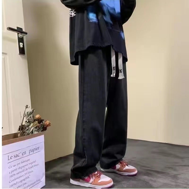 Large quantity of Cong American high street mens jeans casual loose straight tube trend all-match wide leg cross-border foreign trade explosions Black [discount for large orders]