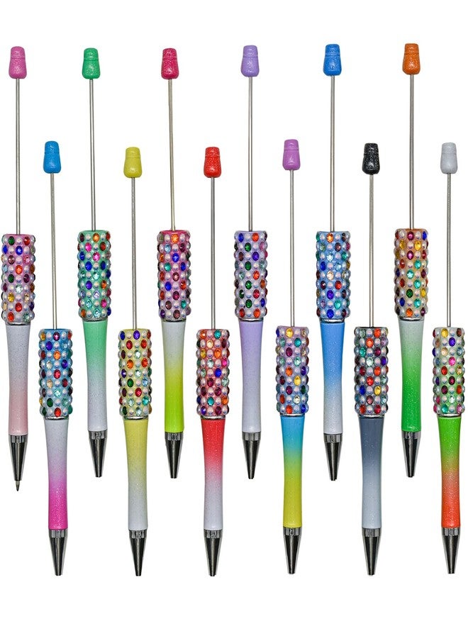 Maydahui 12 PCS Diamond Beadable Ballpoint Pens Retractable Bling Bead Pen Plastic Handmade DIY Gem Pens Cool Shaft Beaded Pen Candy Gradient Color Black Ink for DIY Making School Party Office - Image 1