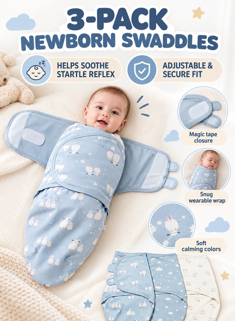 insular Super Soft Cotton Swaddle for Newborn, 3-Pack Wearable Wrap with Adjustable Fit to Soothe Baby 0-4 Months(Blue/White) - Image 2