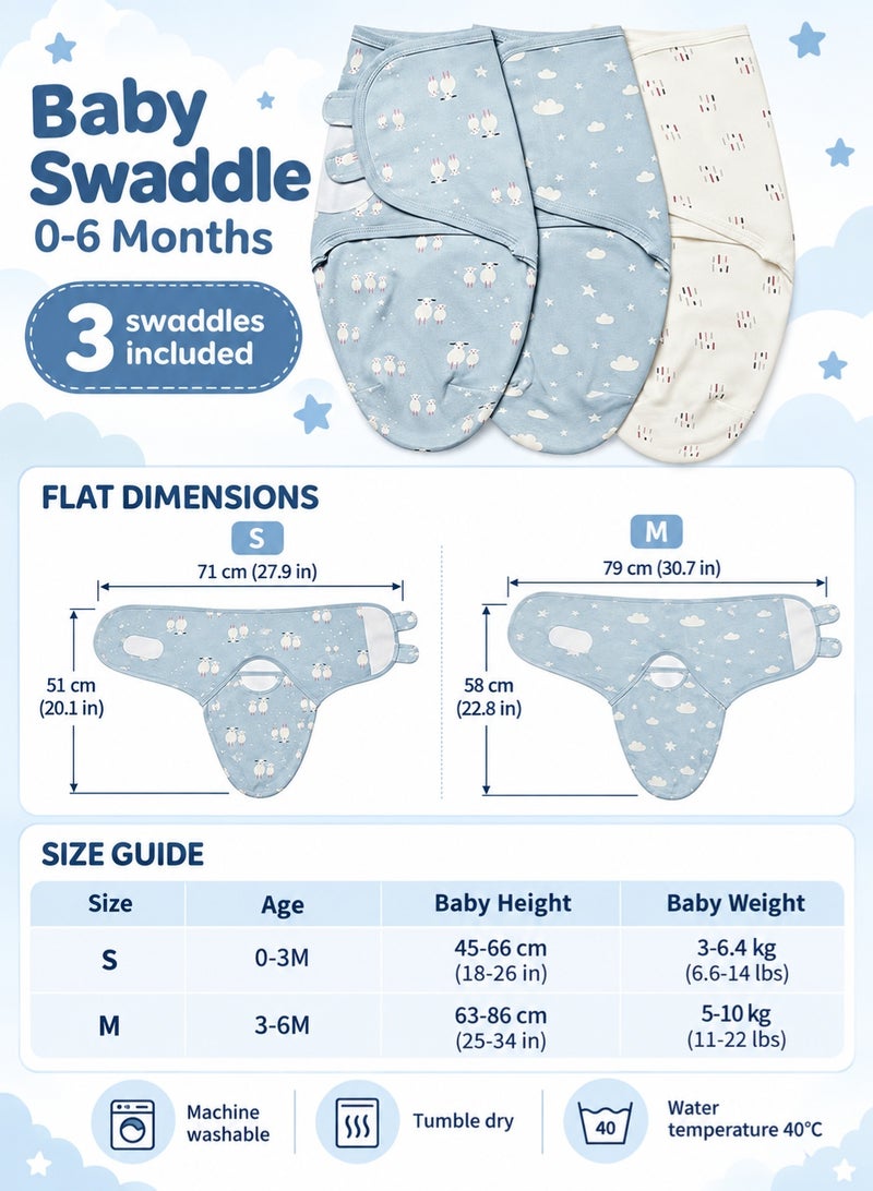 insular Super Soft Cotton Swaddle for Newborn, 3-Pack Wearable Wrap with Adjustable Fit to Soothe Baby 0-4 Months(Blue/White) - Image 3
