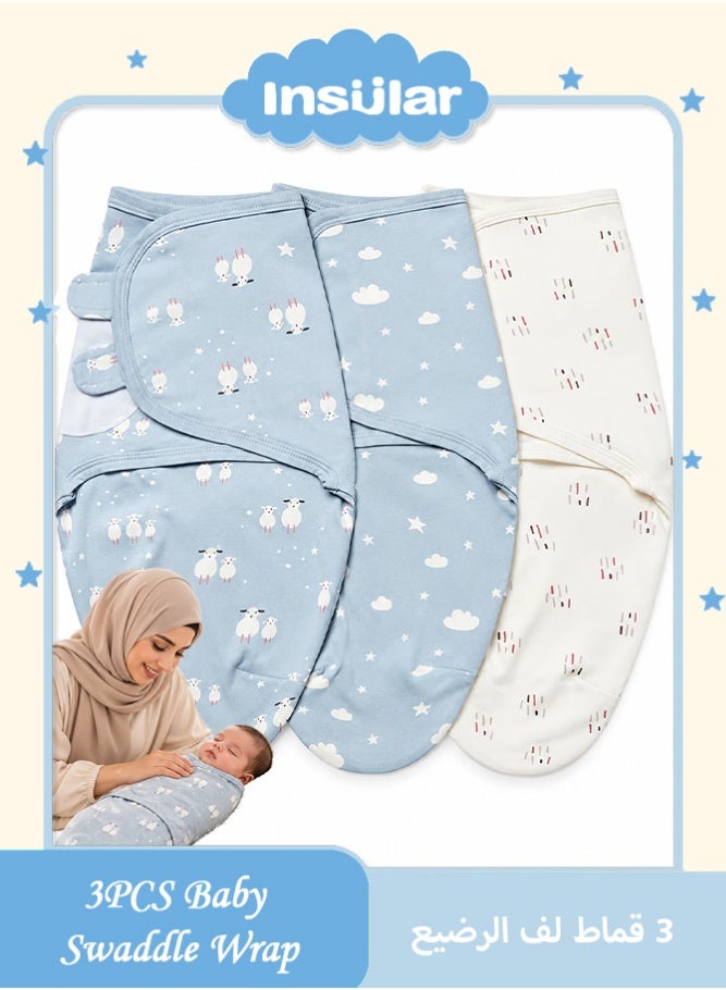 insular Super Soft Cotton Swaddle for Newborn, 3-Pack Wearable Wrap with Adjustable Fit to Soothe Baby 0-4 Months(Blue/White) - Image 1