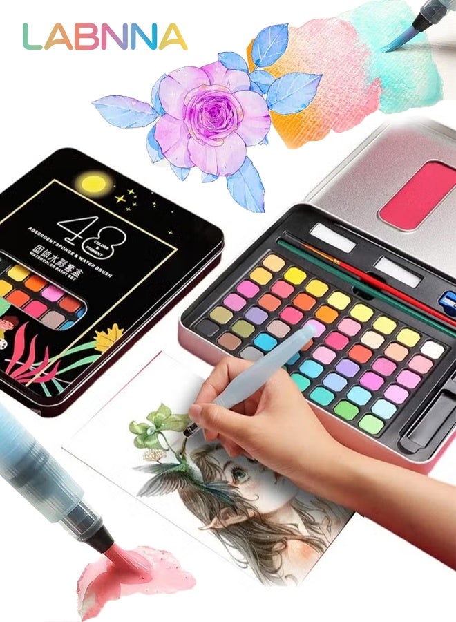 LABNNA Kids Art Painting Set with Iron Box,Contains 48 Color Blocks,Children's Watercolor Coloring Set - Image 1