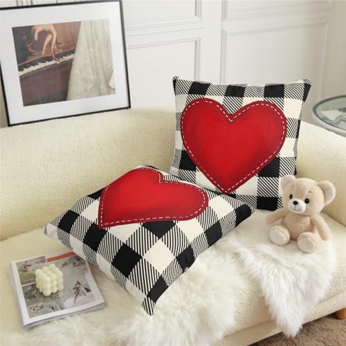 Wnoesat Valentines Outdoor Pillow Covers 18x18 Set of 2 Red Love Heart Throw Pillow Cover Black and White Buffalo Plaids Valentine Decorative Pillow Case for Bed Couch Sofa - Image 4