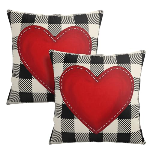Wnoesat Valentines Outdoor Pillow Covers 18x18 Set of 2 Red Love Heart Throw Pillow Cover Black and White Buffalo Plaids Valentine Decorative Pillow Case for Bed Couch Sofa - Image 1