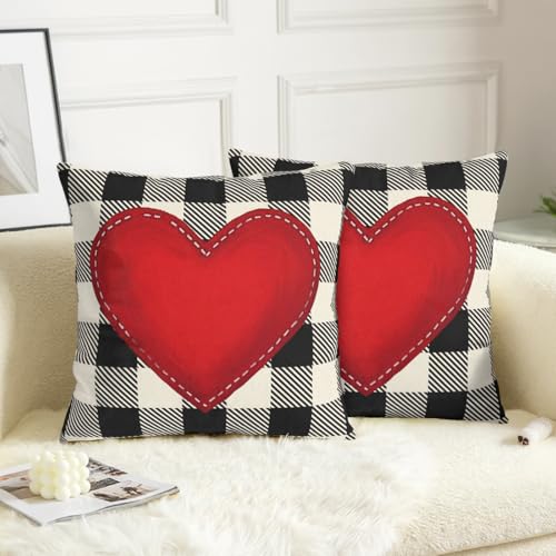 Wnoesat Valentines Outdoor Pillow Covers 18x18 Set of 2 Red Love Heart Throw Pillow Cover Black and White Buffalo Plaids Valentine Decorative Pillow Case for Bed Couch Sofa - Image 2
