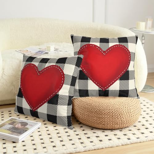Wnoesat Valentines Outdoor Pillow Covers 18x18 Set of 2 Red Love Heart Throw Pillow Cover Black and White Buffalo Plaids Valentine Decorative Pillow Case for Bed Couch Sofa - Image 3