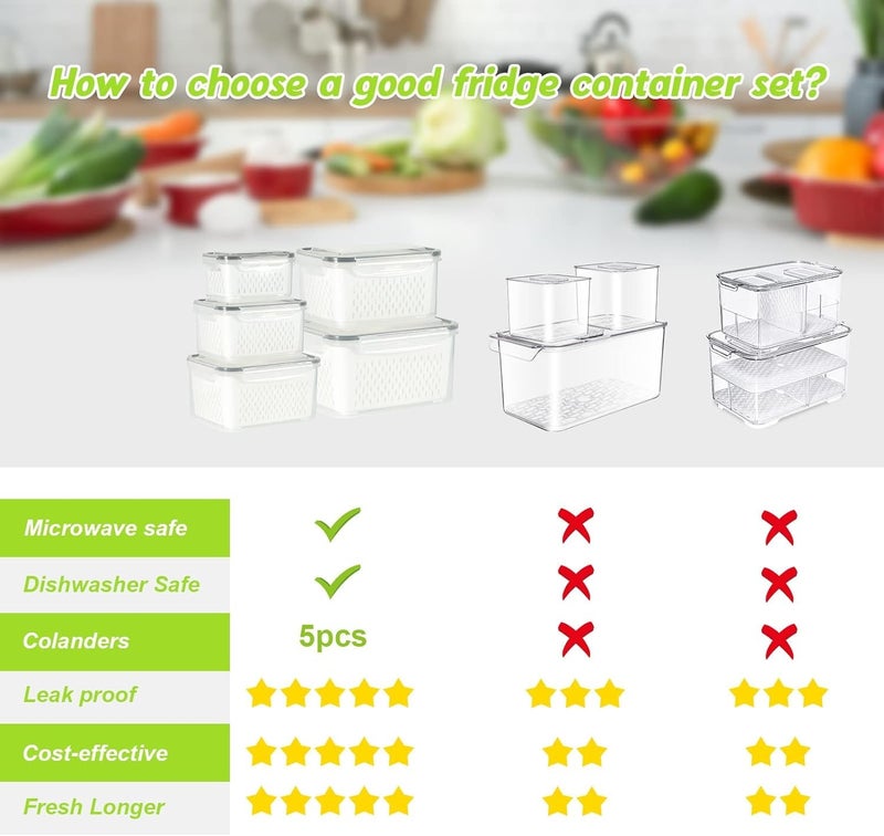 Snazzy 5 PCS Large Fruit Containers for Fridge Leakproof Food Storage with Removable Colander Dishwasher microwave safe Produce Containers Keep Fruits Vegetables Berry Meat Fresh longer - Image 5