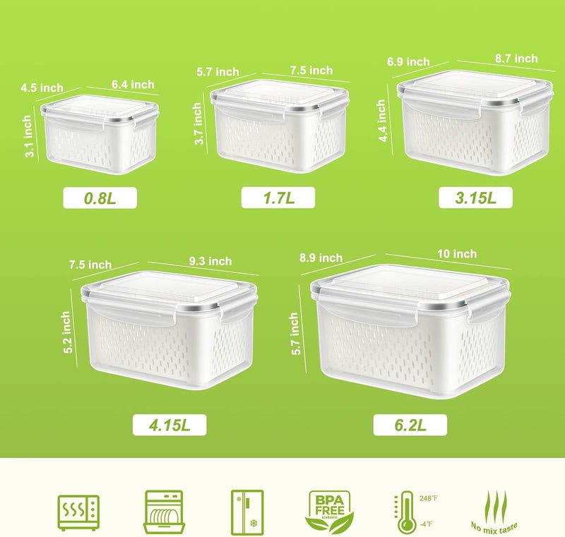 Snazzy 5 PCS Large Fruit Containers for Fridge Leakproof Food Storage with Removable Colander Dishwasher microwave safe Produce Containers Keep Fruits Vegetables Berry Meat Fresh longer - Image 2