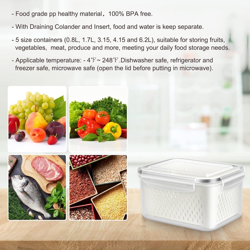 Snazzy 5 PCS Large Fruit Containers for Fridge Leakproof Food Storage with Removable Colander Dishwasher microwave safe Produce Containers Keep Fruits Vegetables Berry Meat Fresh longer - Image 3