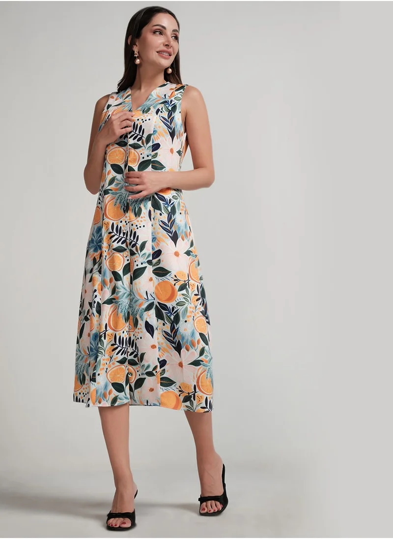 Zigzag Vneck Sleeveless Satin Printed Shift Dress