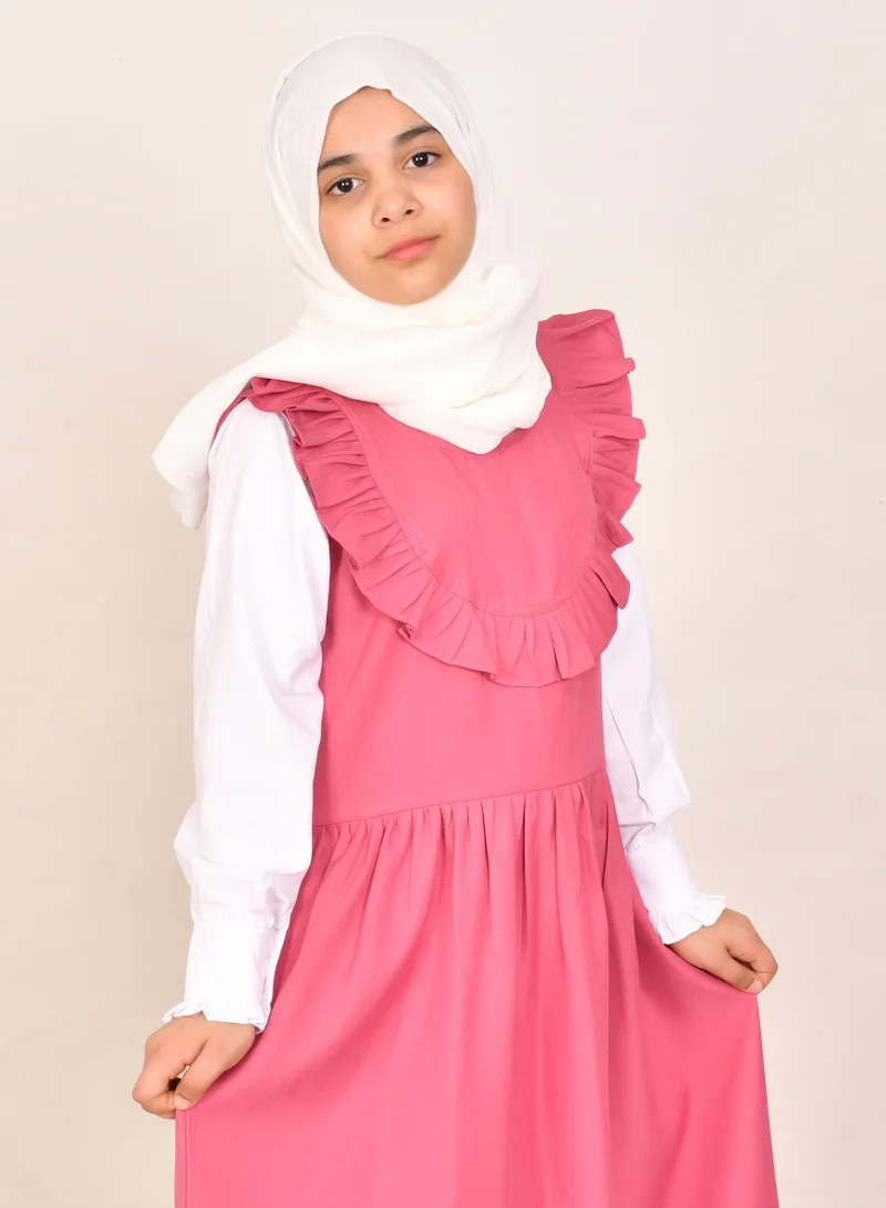 HAWRAA ABAYA Pink Round Neck Pinafore with Wide Ruffle - Primary