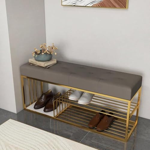 Skafa Metal End of Bed Bench-Upholstered Entry Shoe Storage with Nailhead Trim,Black Mental Frame Ottoman Bench for Bedroom Entry Window Mudroom Living Room (Grey) - Image 2