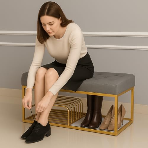 Skafa Metal End of Bed Bench-Upholstered Entry Shoe Storage with Nailhead Trim,Black Mental Frame Ottoman Bench for Bedroom Entry Window Mudroom Living Room (Grey) - Image 1