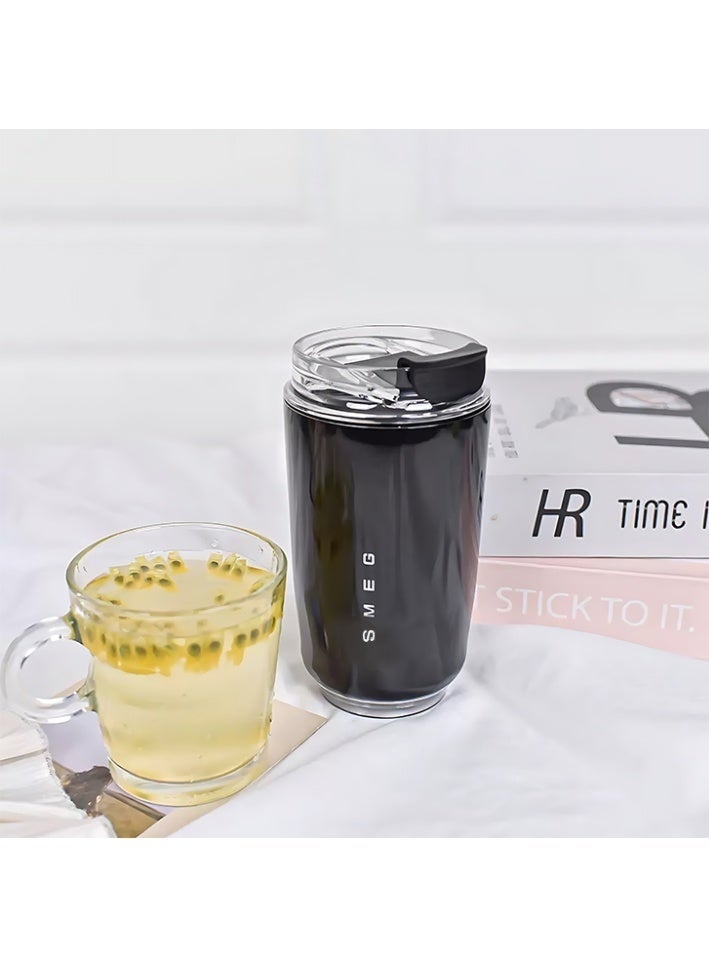 سميج كوب قهوة للسفر من Smeg، كوب معزول للمشروبات مع غطاء مضاد للتسرب، كوب قهوة طويل الأمد مع غطاء، ترمس قهوة للسفر (أسود) - Image 2