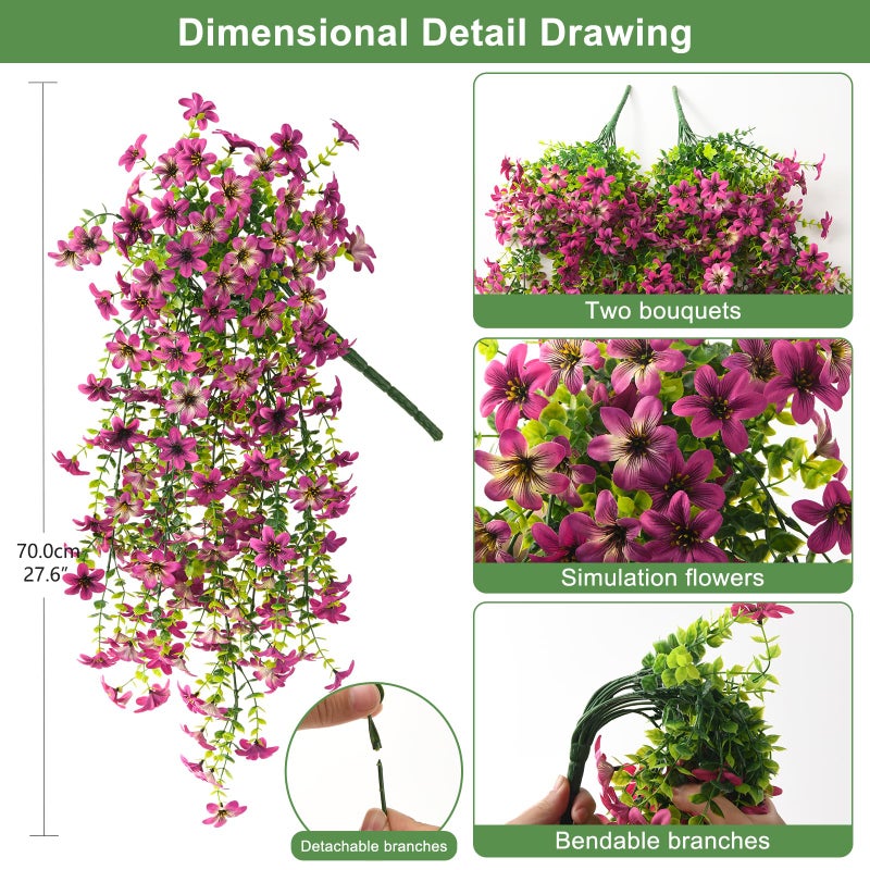 ZFProcess Artificial Hanging Flowers Plants for Outdoor Spring Decoration, 2PCS Faux Silk Daisy UV Resistant Look Real for Outside Home Indoor Planter Porch Garden Yard Decor(Light Purple Red) - Image 2