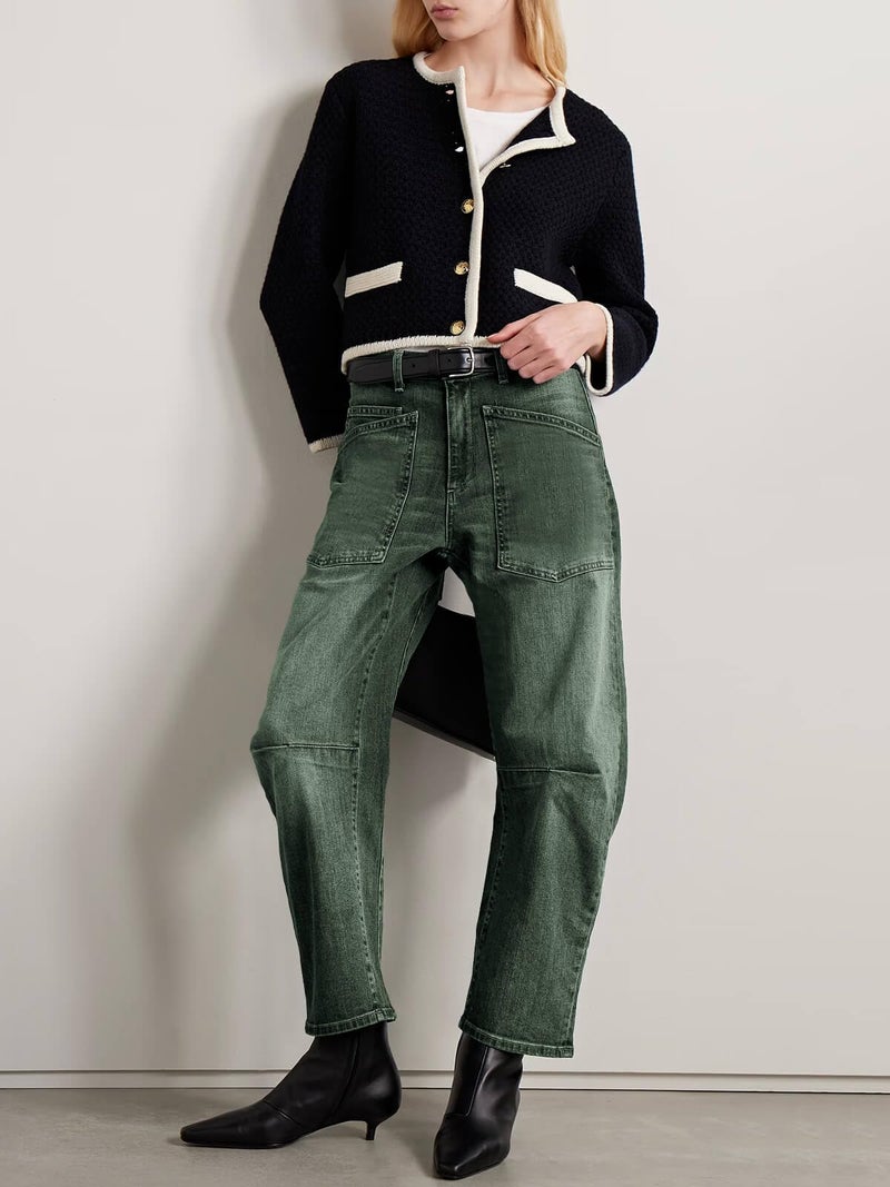 PLNOTME Womens Baggy Barrel Horseshoe Jeans High Waisted Wide Leg Vintage Denim Pants with Front Pockets Army Green - Image 5