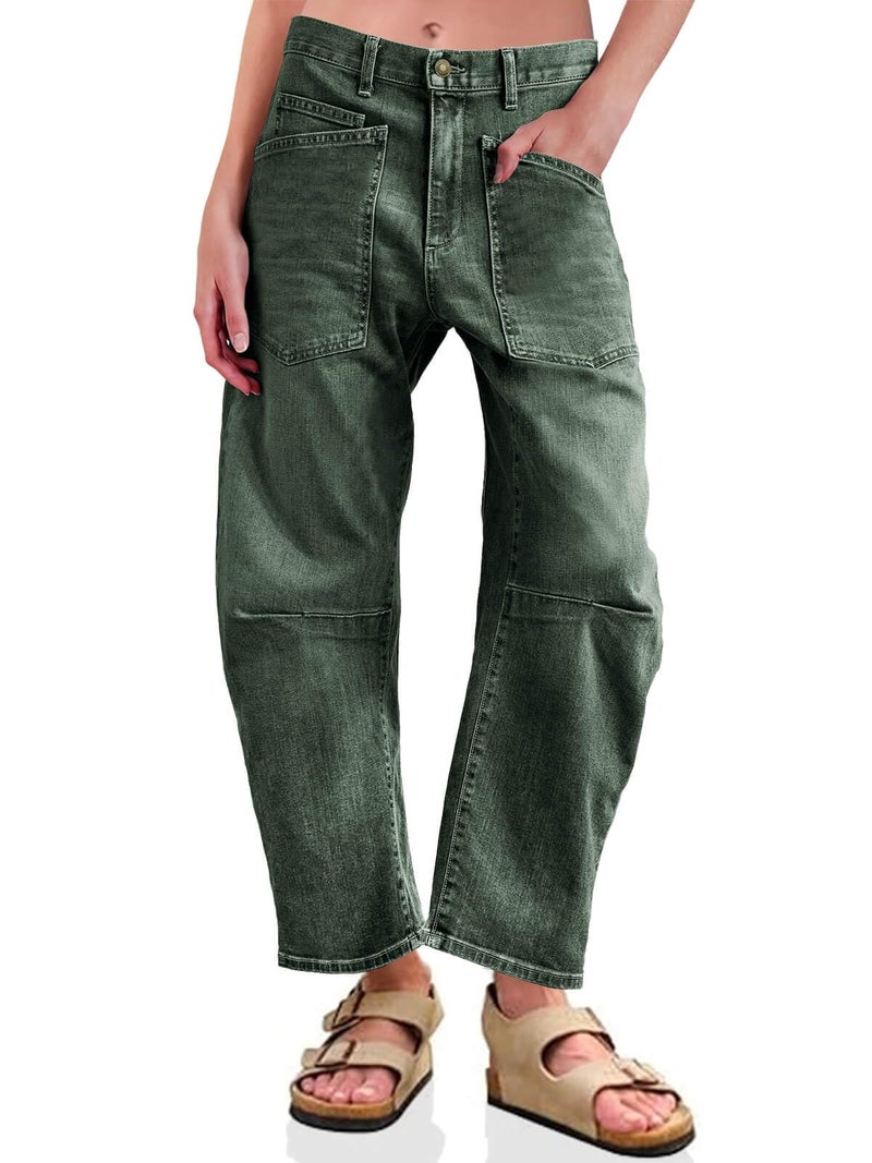 PLNOTME Womens Baggy Barrel Horseshoe Jeans High Waisted Wide Leg Vintage Denim Pants with Front Pockets Army Green - Image 1