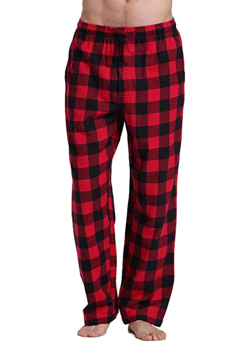 بنطلون بيجامة منقوش باللونين الأحمر والأسود، بنطلون بيجامة منقوش، ملابس نوم، بنطلون استرخاء، بنطلون بيجامة برباط، قيعان بيجامات مع جيوب وأزرار - Image 1