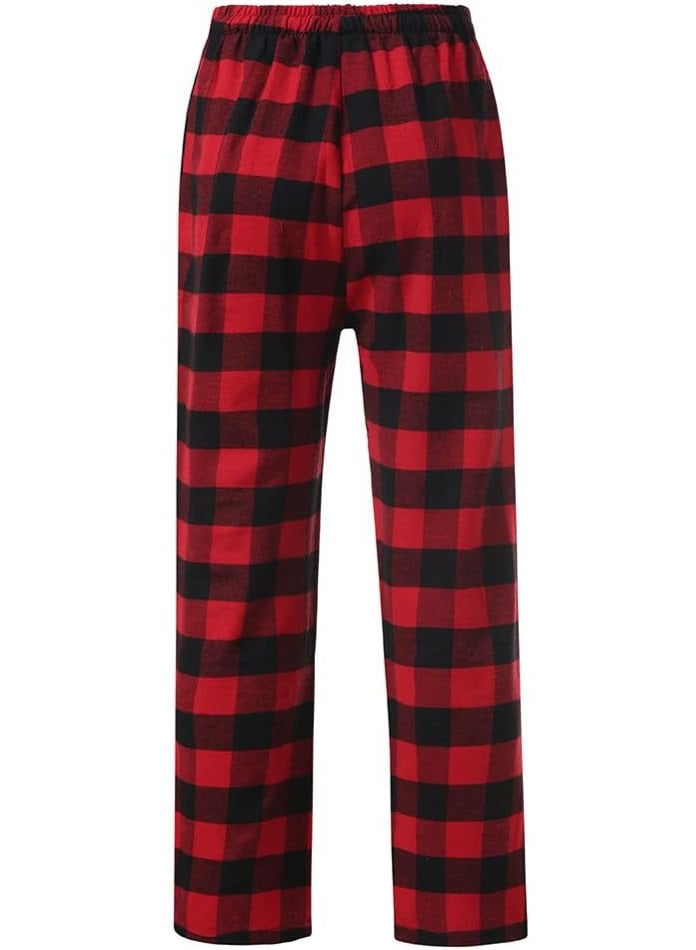 بنطلون بيجامة منقوش باللونين الأحمر والأسود، بنطلون بيجامة منقوش، ملابس نوم، بنطلون استرخاء، بنطلون بيجامة برباط، قيعان بيجامات مع جيوب وأزرار - Image 3
