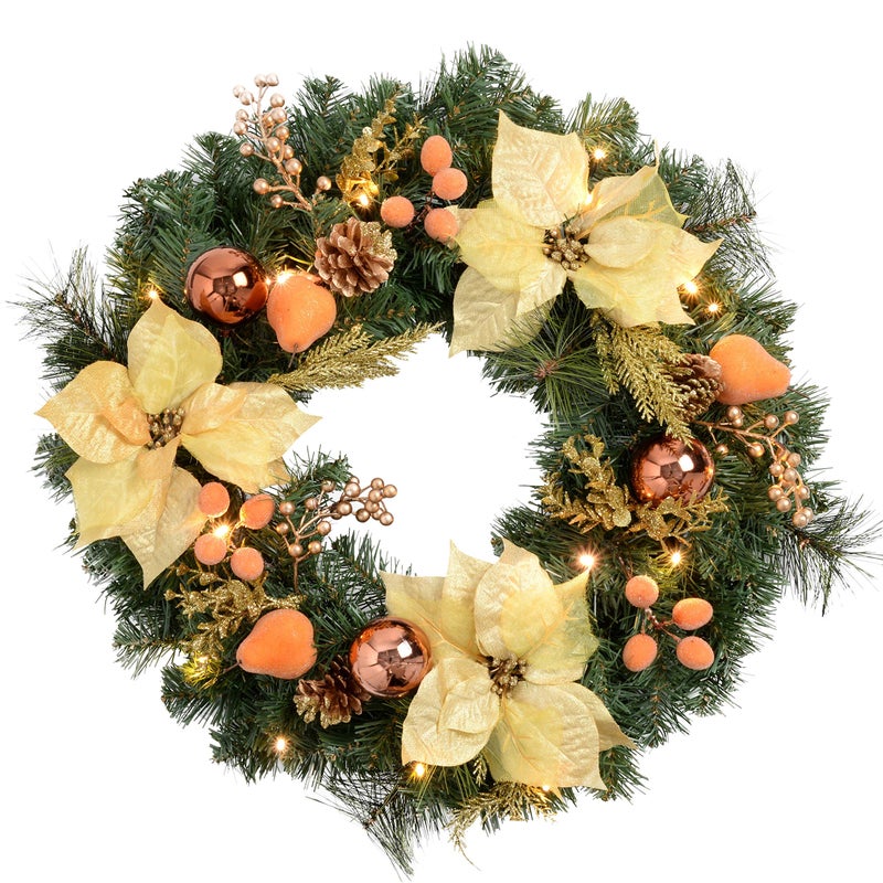 إكليل مزخرف مضاء من WeRChristmas لتزيين عيد الميلاد مزود بـ 20 ضوء LED دافئ أبيض 60 سم نحاسي ذهبي