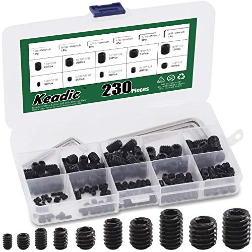 Keadic 236Pcs Internal Hex Drive Cup-Point Screws Assortment Kit, 10 Sizes Alloy Steel Hex Socket Set Cap Point Grub Screws, Socket Head Cap Screws Grub Screws, Black (1/8" to 3/8") - Image 1