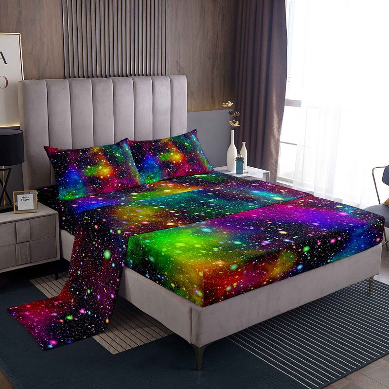 Feelyou Feelyou Rainbow Galaxy Bed Sheet Queen Size Out Space Bedding Colorful Nebula Universe Deep Pockets Sheet Set 4 Pcs  1 Falt 1 Fitted Sheets with 2 Pillow Shams