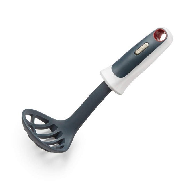 MINI MASHER SCOOP 75 GRAYWHITE HANDHELD MINIATURE POTATO MASHER FOR BABY FOOD GUACAMOLE ERGONOMIC NONSLIP HANDLE COMPACT HEAD FITS SMALL BOWLS HANGING LOOP KITCHEN TOOL