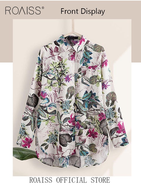 Ladies Stylish Lapel Shirt for Daily Commute Single Breasted Long Sleeve Top with Simple Design and Loose Fit Featuring a Beautiful Floral Pattern