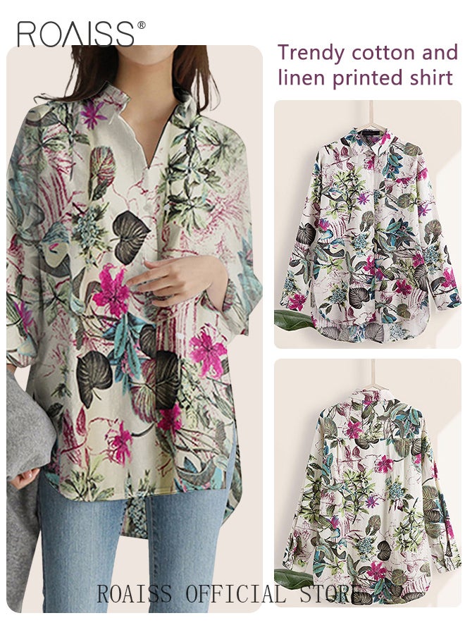 roaiss - Ladies Stylish Lapel Shirt for Daily Commute Single Breasted Long Sleeve Top with Simple Design and Loose Fit Featuring a Beautiful Floral Pattern - Image 1