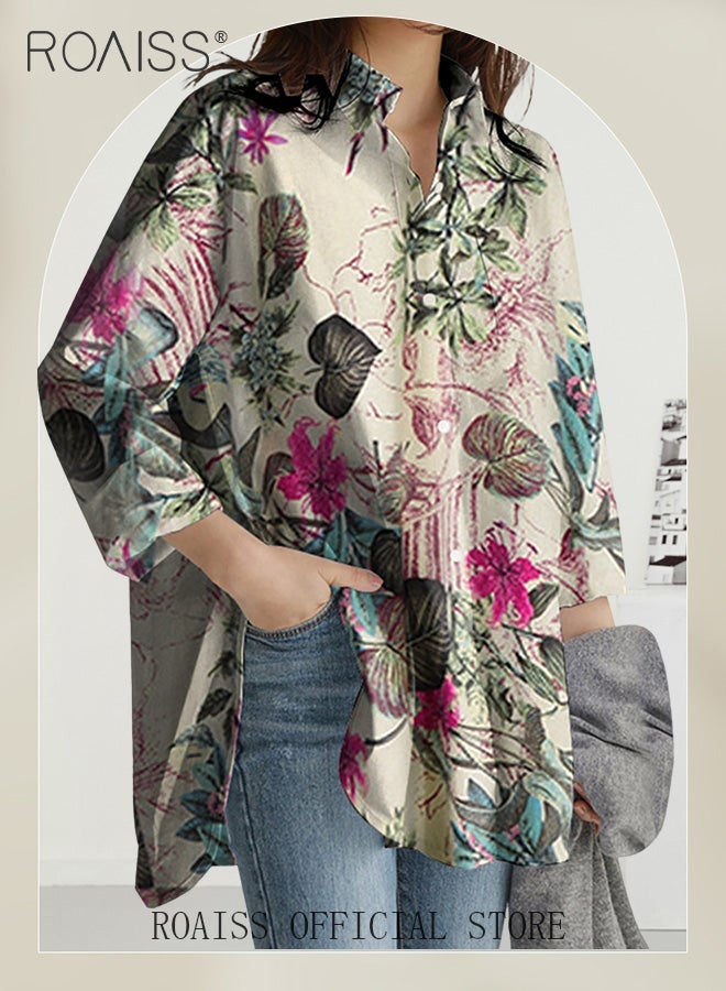 roaiss Ladies Stylish Lapel Shirt for Daily Commute Womens Long Sleeve Top with Simple Design and Loose Fit Featuring a Beautiful Floral Pattern - Image 1