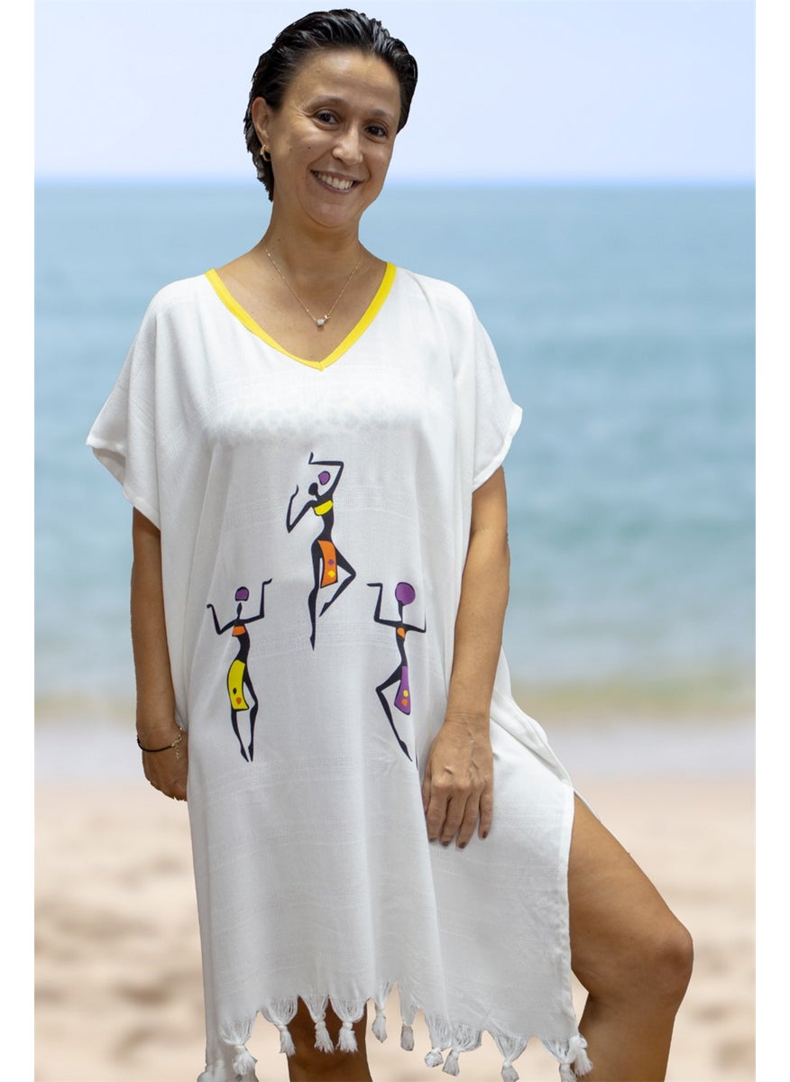 class Beach Dress Viscose Cotton Yellow Piping African Pattern L-XL  - Image 3