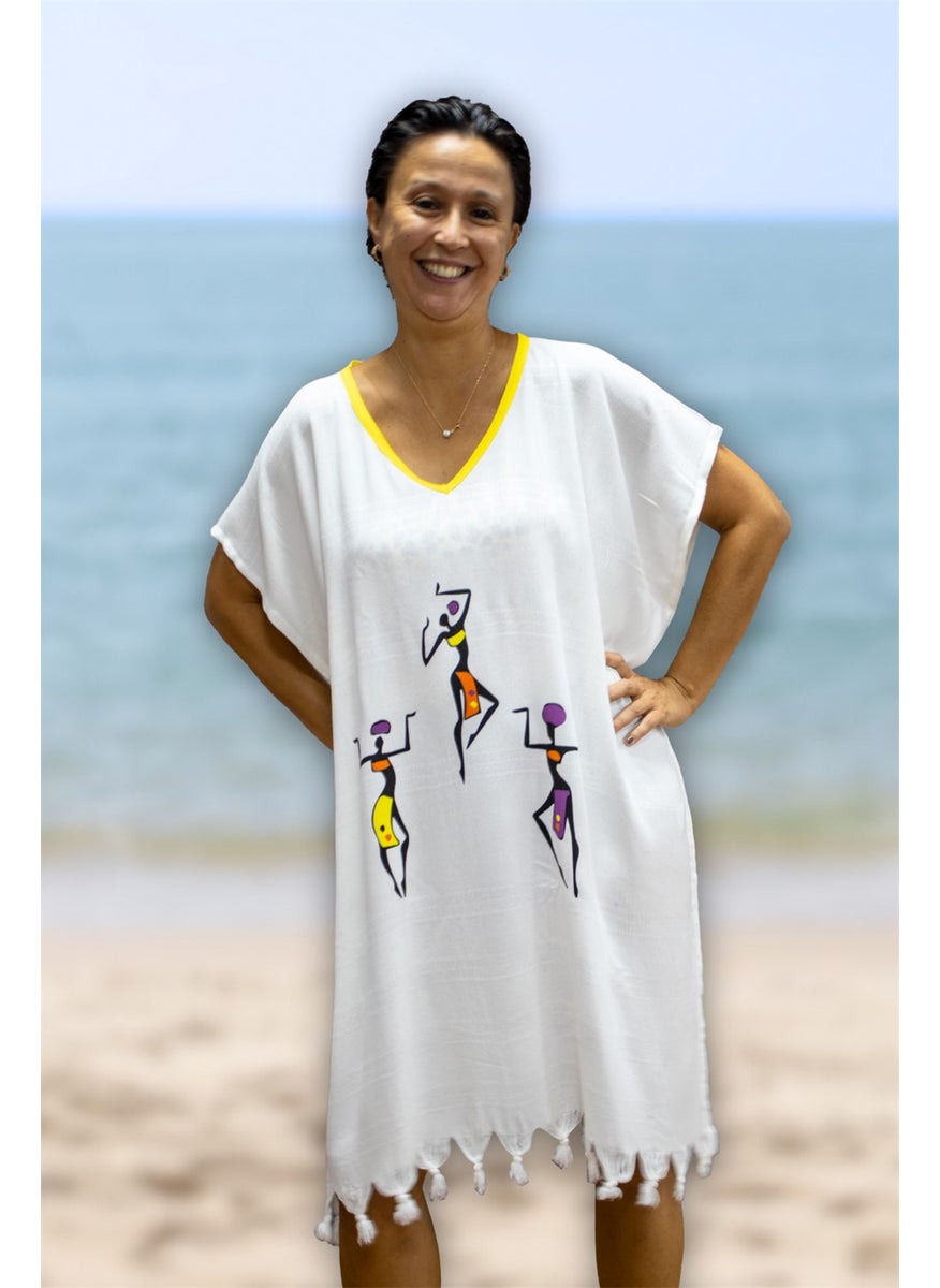 class Beach Dress Viscose Cotton Yellow Piping African Pattern L-XL  - Image 1