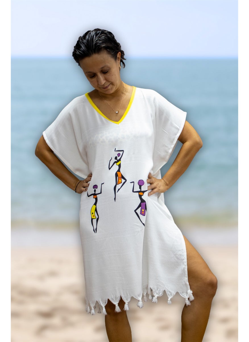class Beach Dress Viscose Cotton Yellow Piping African Pattern L-XL  - Image 2