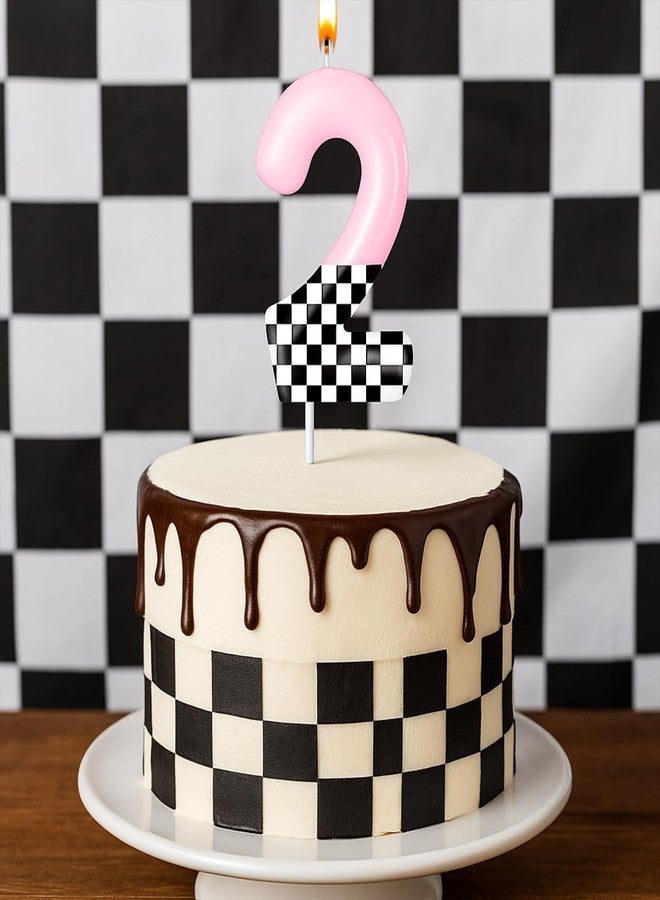 MTLEE Racing Car Birthday Number Candle Race Car Theme Cake Topper Truck Themed Birthday Supplies Decorations Red Black White Checkered Candles(Pink and Checkered,Number 2) - Image 4
