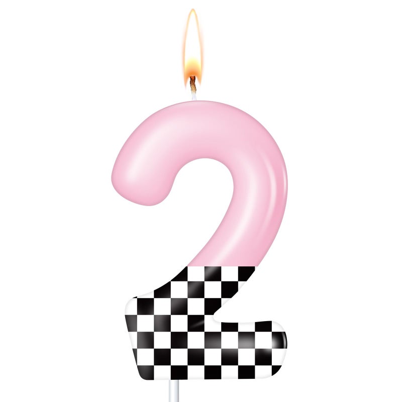 MTLEE Racing Car Birthday Number Candle Race Car Theme Cake Topper Truck Themed Birthday Supplies Decorations Red Black White Checkered Candles(Pink and Checkered,Number 2) - Image 1