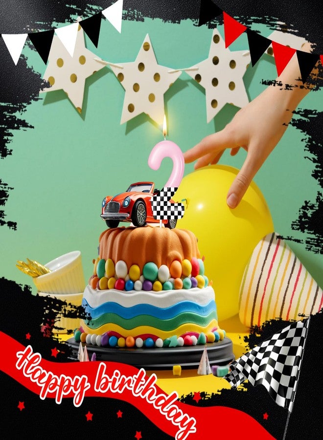 MTLEE Racing Car Birthday Number Candle Race Car Theme Cake Topper Truck Themed Birthday Supplies Decorations Red Black White Checkered Candles(Pink and Checkered,Number 2) - Image 3