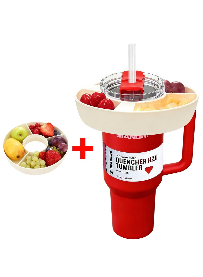 Stanley 40oz Stainless Steel Insulated Tumbler + 3-Compartment Snack Tray Set | Leak-Resistant Lid, Reusable Straw, Fits Car Cup Holders, Perfect for Travel, Sports & Movie Nights (Red + White) - Image 1