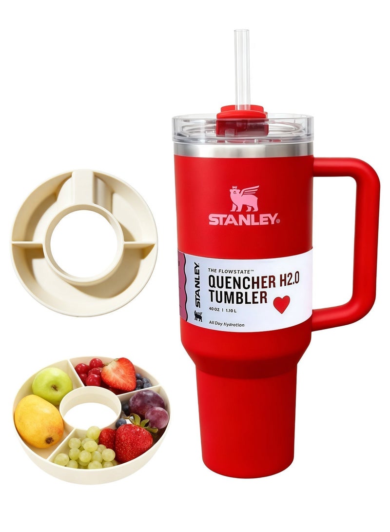 Stanley 40oz Stainless Steel Insulated Tumbler + 3-Compartment Snack Tray Set | Leak-Resistant Lid, Reusable Straw, Fits Car Cup Holders, Perfect for Travel, Sports & Movie Nights (Red + White) - Image 2