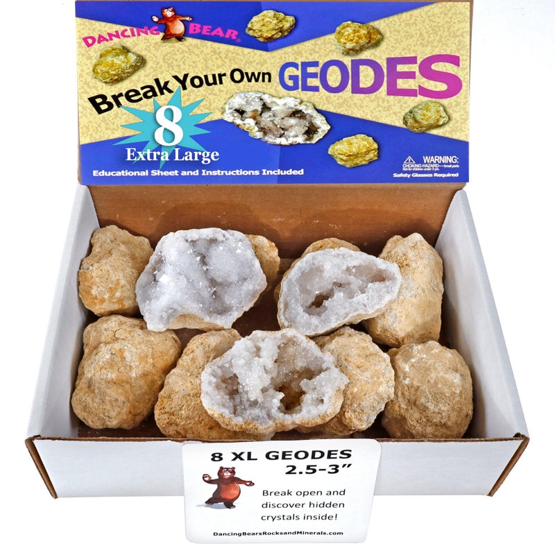 DANCING BEAR 8 XL Break Your Own Geodes, (2.5-3.5") 90% Hollow, Crack Open & Discover Amazing Surprise Crystals Inside! Educational Info and Instructions Included, Fun Party Favors & Prizes - Image 1
