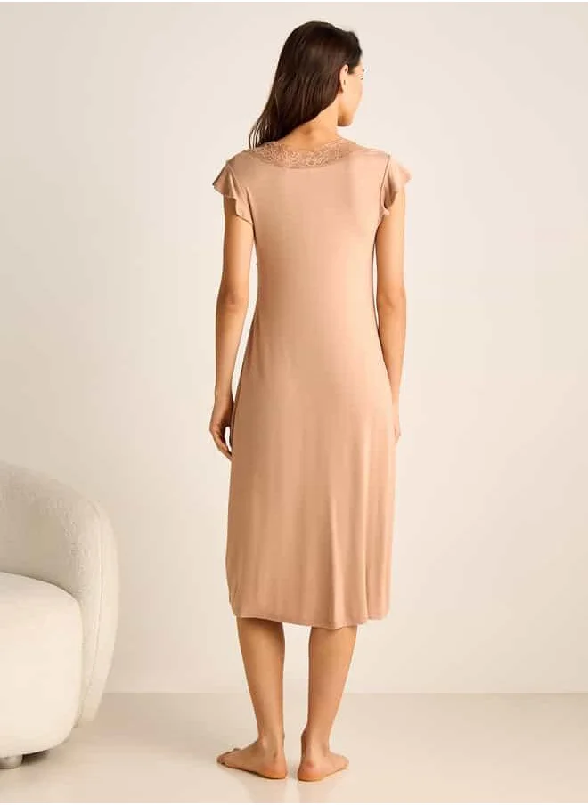 فاف Lace Detail Night Dress with V-neck and Short Sleeves