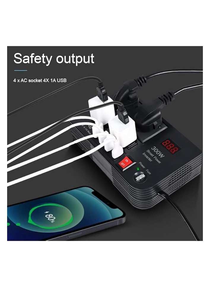 erorex Car Laptop Charger, 300W Car Inverter DC 12V to AC 220V with 4 USB Ports Fast Charging 2 Universal Sockets with Multifunctional LED Display, Universal Laptop Charger for car with Extra Fuse - Image 2
