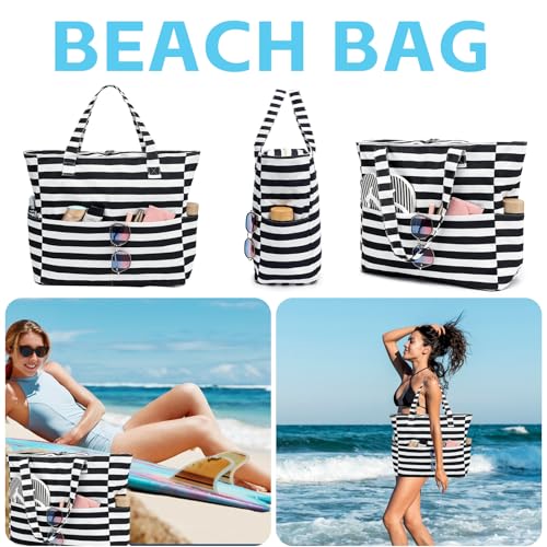 LEDAOU Beach Bag Waterproof Sandproof Women Tote Bag Pool Bag with Zipper for Gym Grocery Travel with Wet Pocket - Image 4
