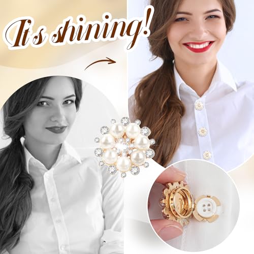 Solsew 6 Sets Pearl Flower Button Covers Decorative Rhinestone Covers with 20 Pcs 11mm Sewing Buttons Detachable Shirt Clip on Jewelry Reusable for Crafts DIY Women Men Shirts Blouses Dresses, Gold - Image 5