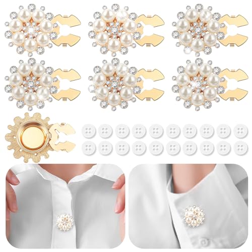 Solsew 6 Sets Pearl Flower Button Covers Decorative Rhinestone Covers with 20 Pcs 11mm Sewing Buttons Detachable Shirt Clip on Jewelry Reusable for Crafts DIY Women Men Shirts Blouses Dresses, Gold - Image 1