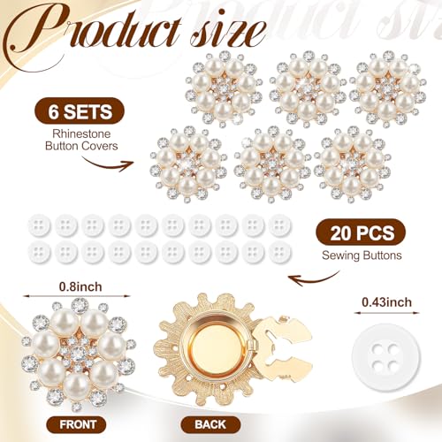 Solsew 6 Sets Pearl Flower Button Covers Decorative Rhinestone Covers with 20 Pcs 11mm Sewing Buttons Detachable Shirt Clip on Jewelry Reusable for Crafts DIY Women Men Shirts Blouses Dresses, Gold - Image 2