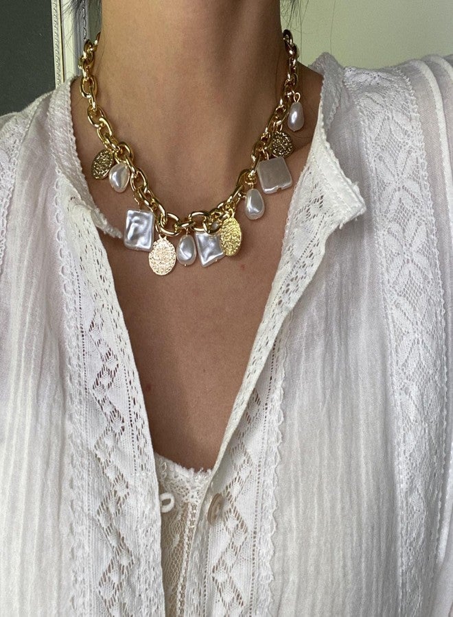 MIFYNN قلادة لؤلؤ باروكية للنساء، قلادة لؤلؤ مربعة بيضاوية، قلادة لؤلؤ على شكل عملة معدنية، قلادة لؤلؤ سميكة، قلادة لؤلؤ غير منتظمة، مجوهرات لؤلؤ رقيقة للنساء (أ). - Image 2