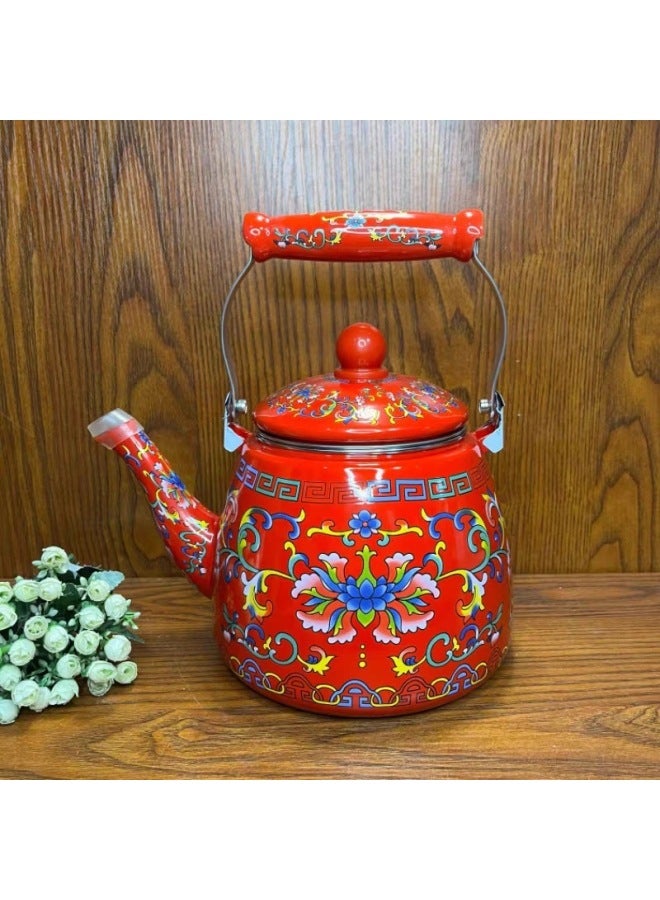 Thickened Large Capacity Enamel Flower Enamel Kettle Milk Teapot Flat Bottom Pot Induction Cooker Universal Teapot Cooling Kettle HC-Color:3.3l Red Hook Lotus (with Filter)-Capacity:Default  - Image 1