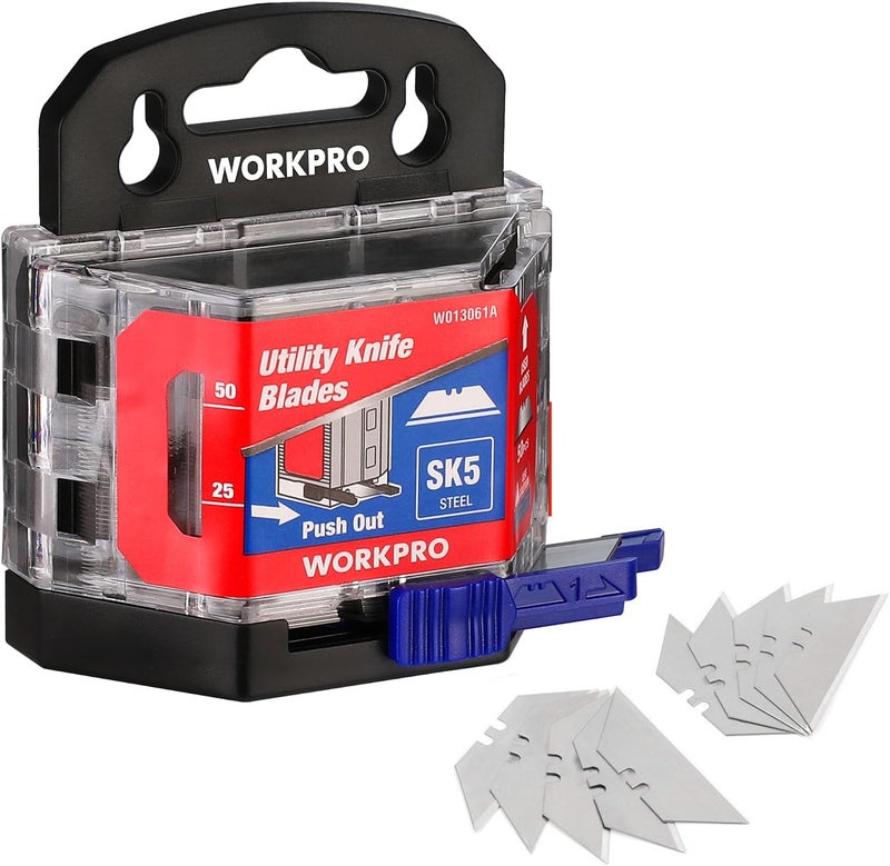 WORKPRO 50 شفرة سكين متعددة الاستخدامات مع موزع، سكين قطع من فولاذ SK5، شفرات قياسية لاستبدال سكين الاستخدام المتعدد - Image 1