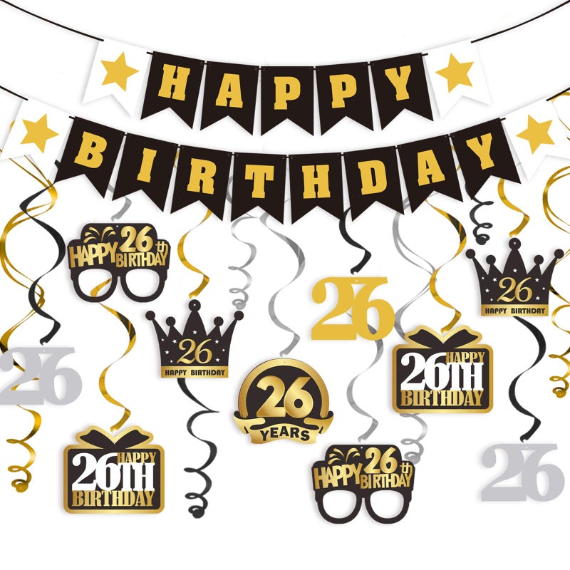 LINGTEER Happy 26th Birthday Decorations Set 12Pcs Black Gold Swirls StreamerHappy Birthday Bunting BannerCheers to 26 Years Old Bday Party Decorations Gift Sign - Image 2
